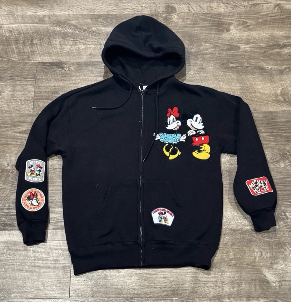 Disney Mickey & Minnie Womens Soft Character Patch Full Zip Hoodie Sz Small