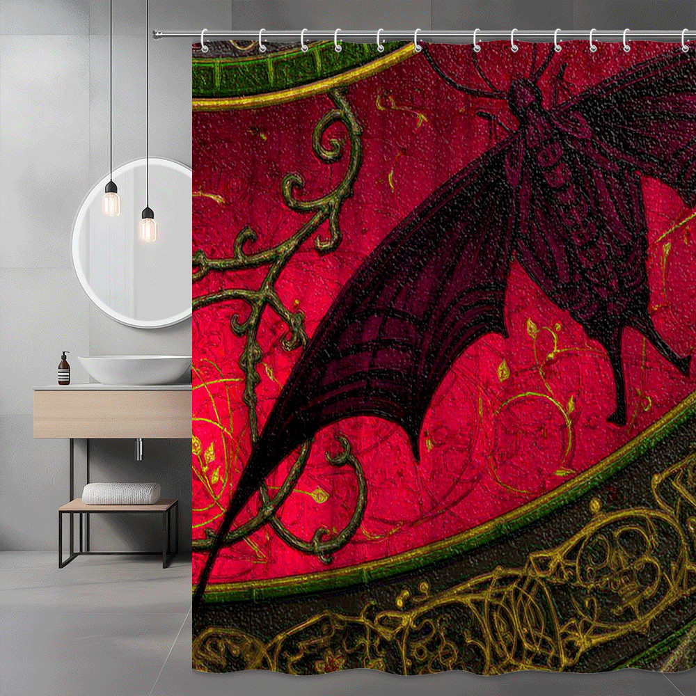 Gothic Bat Floral Shower Curtain Red Black Green Print