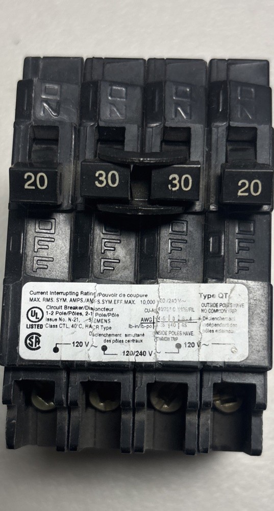 Siemens Circuit Breaker 2 20 Amp 1 Pole & 1 30 Amp 2 Pole - Tape Residue on Item