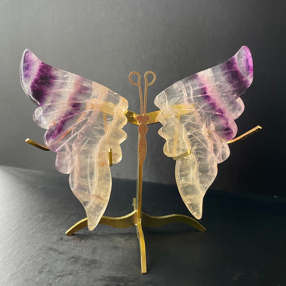 127G Natural Crystal Fluorite Butterfly Wings Healing Statue Decor + Stand