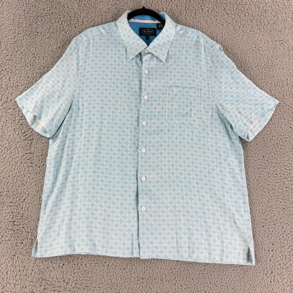 Nat Nast Button Up Shirt Mens XL Blue Geo Print Silk Blend Short Sleeve Luxury