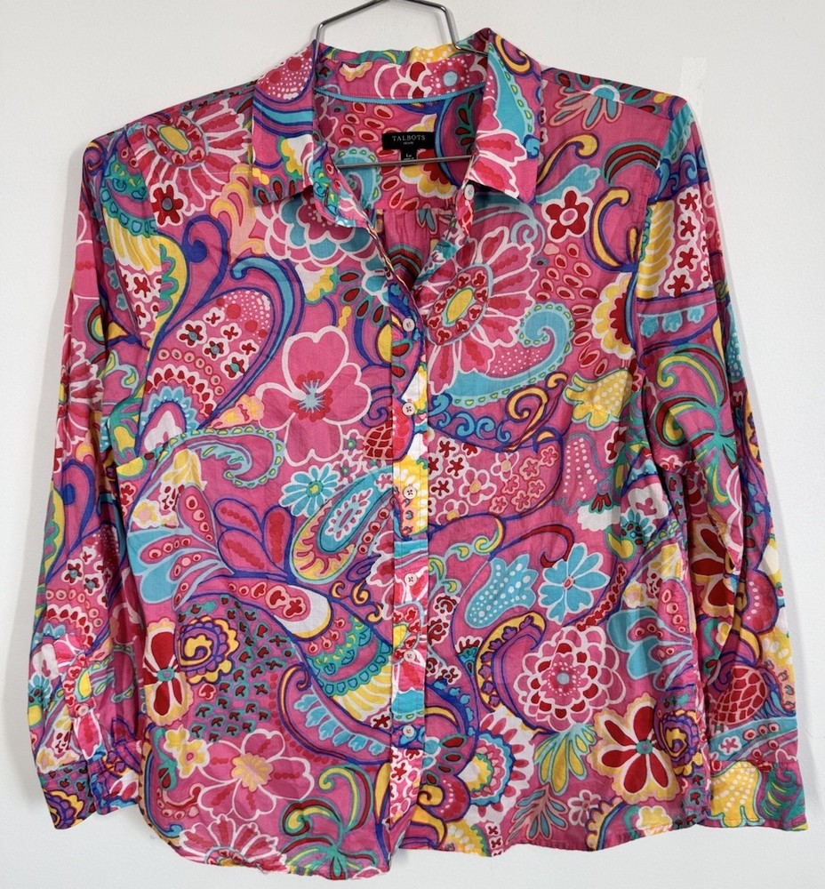 Talbots Long Sleeve Button Up Shirt Top Blouse Multi Color Groovy Floral Size LP