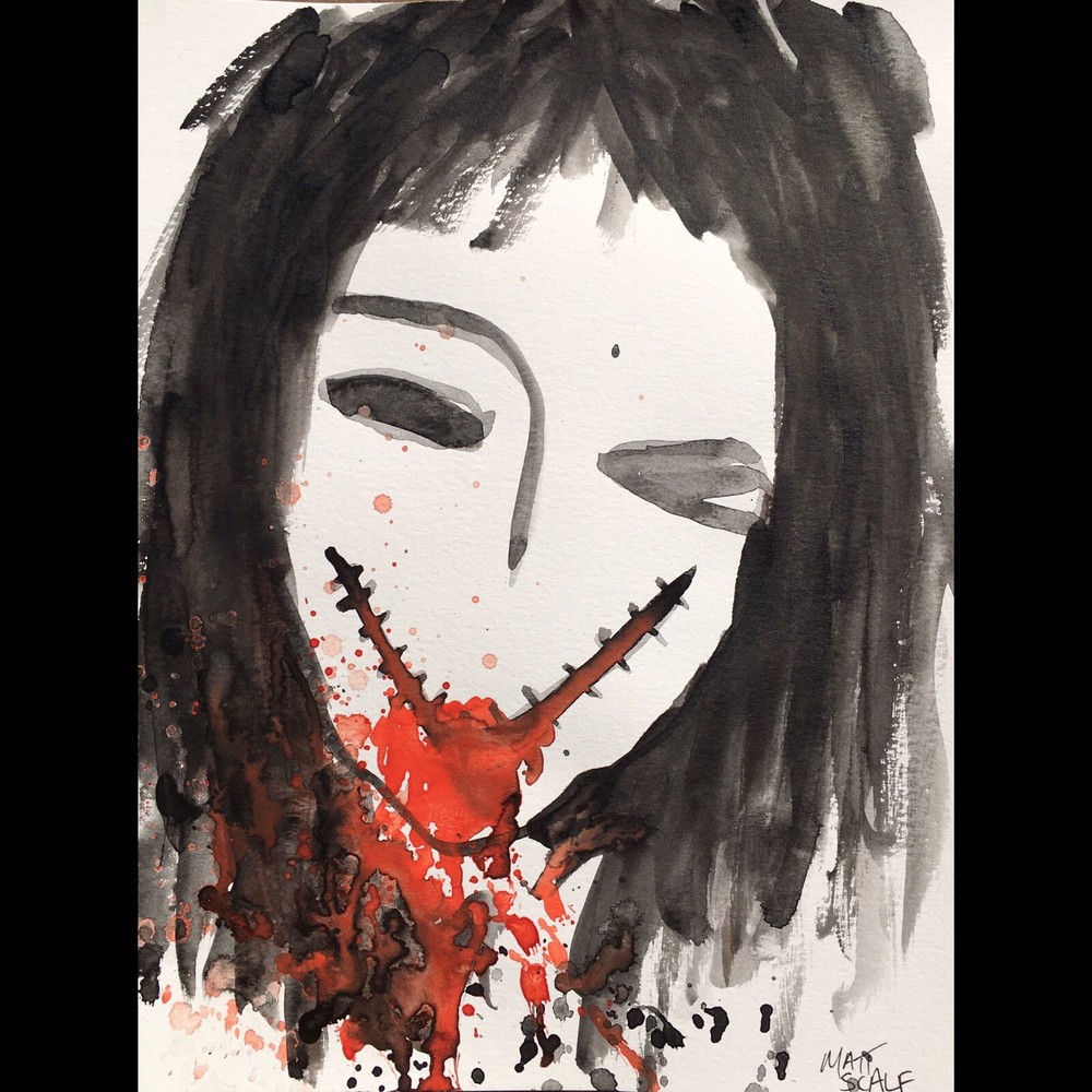 Matt Scalf Creepy Girl Face ORIGINAL PAINTING Watercolor 9x12 Horror Abstract