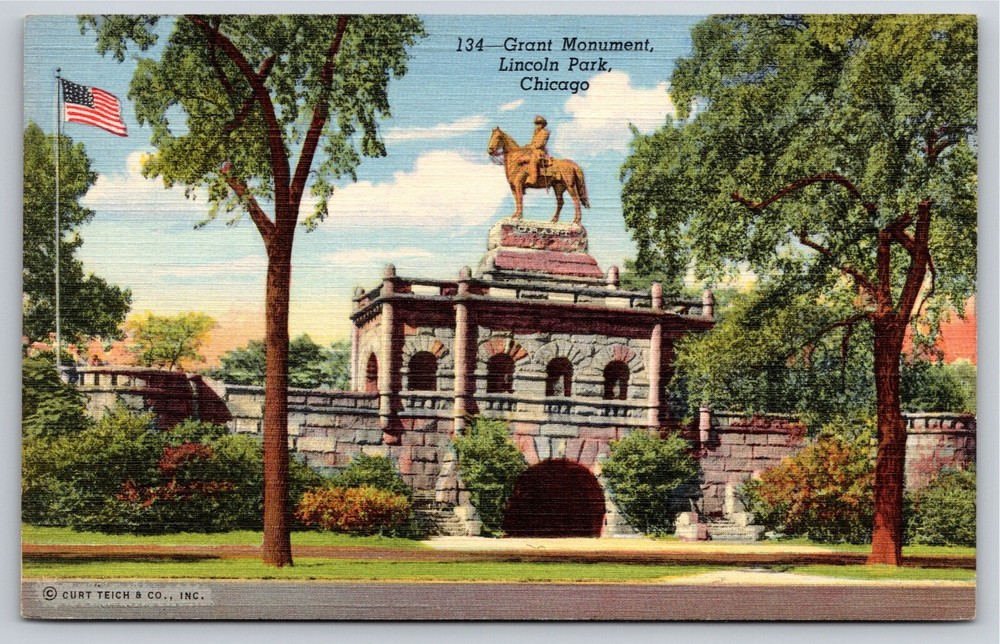 Lincoln Park Chicago~Grant Equestrian Monument~Vintage Linen Postcard