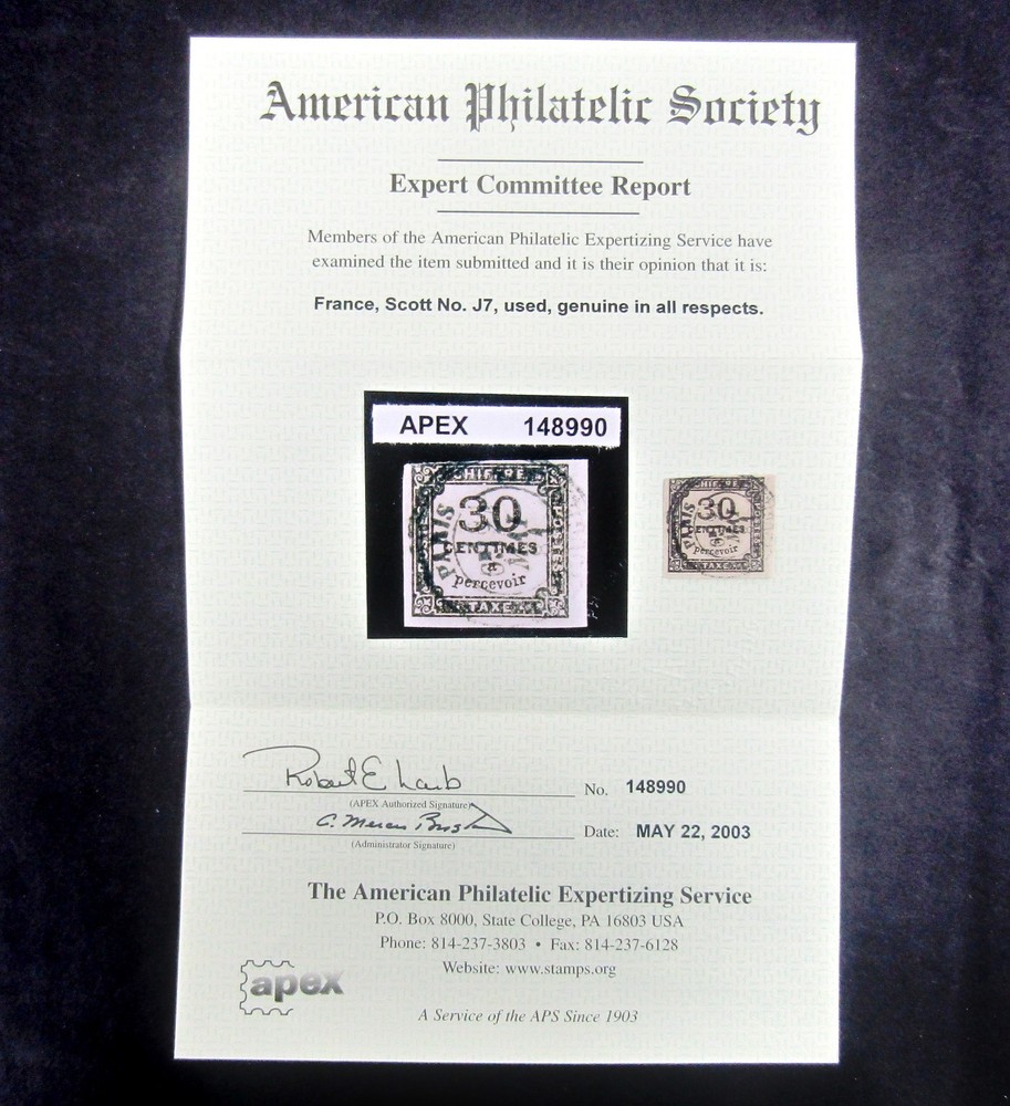 nystamps France Stamp # J7 Used APS Cert €120 Y29y1280
