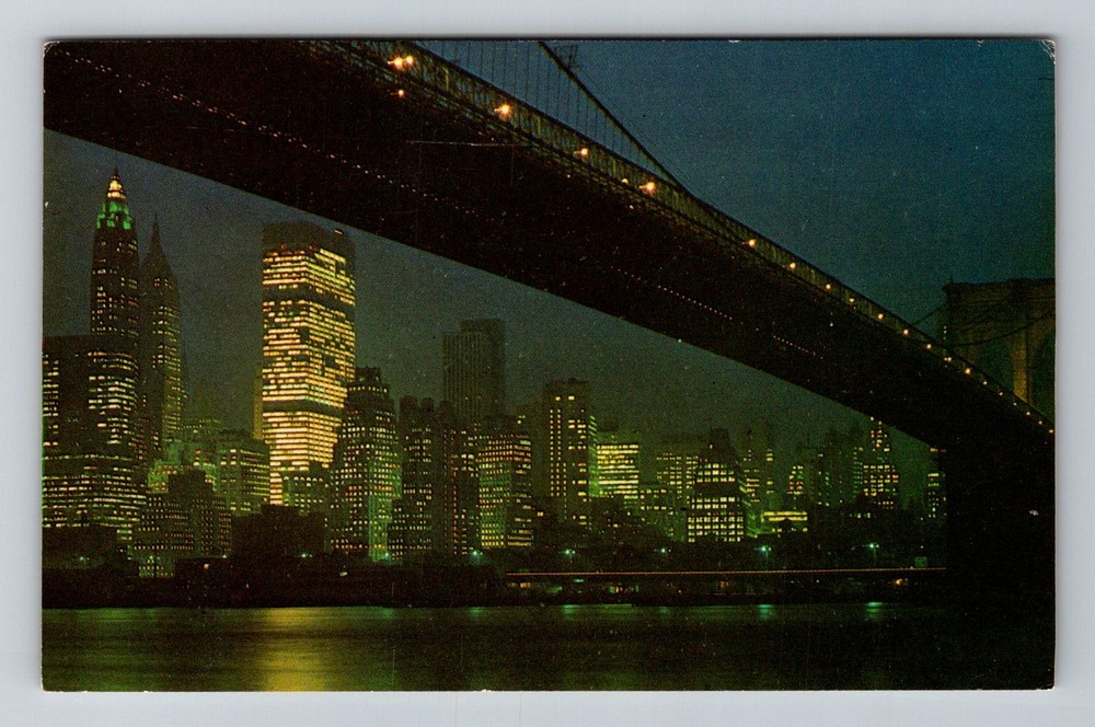 New York City NY, Brooklyn Bridge at Night East River Vintage Postcard