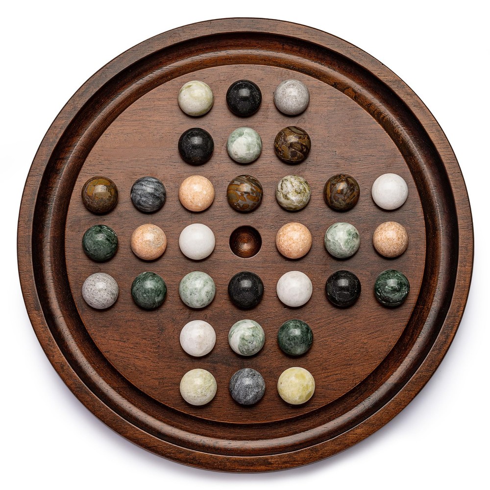 Deluxe Solitaire Game Set: 12.6'' Solid Wooden Board, 32 Natural Marble Balls...