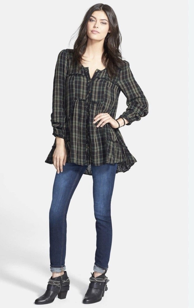 Free People Women's Green Black Plaid V-Neck Ruffle Long Sleeve Tunic Blouse L