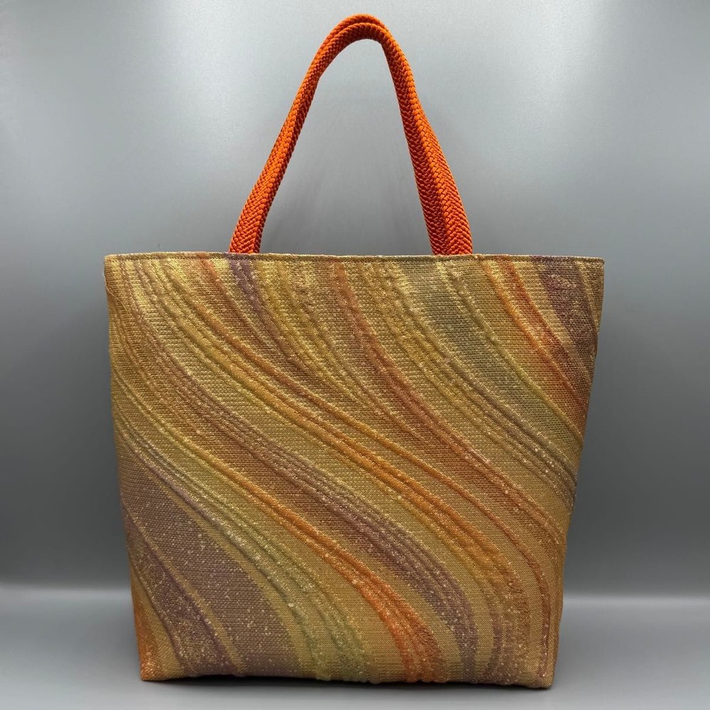 Japanese Kimono Obi Tote Bag Handmade Pink Gold Embroidery Silk Orange  Purse