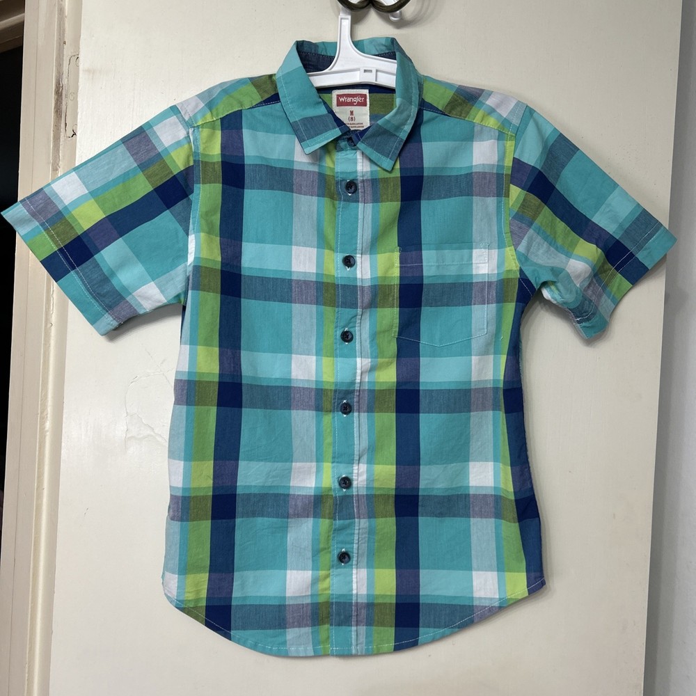 Boys WRANGLER Green Blue Plaid Button Up Shirt Size Medium 8 Short Sleeve Clean