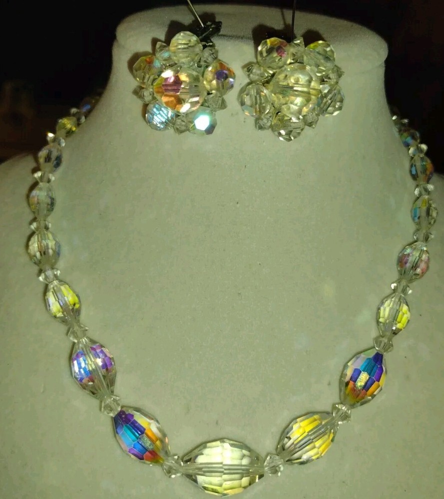 Vintage Aurora Borealis Crystal Necklace & Clip Earring Set 17