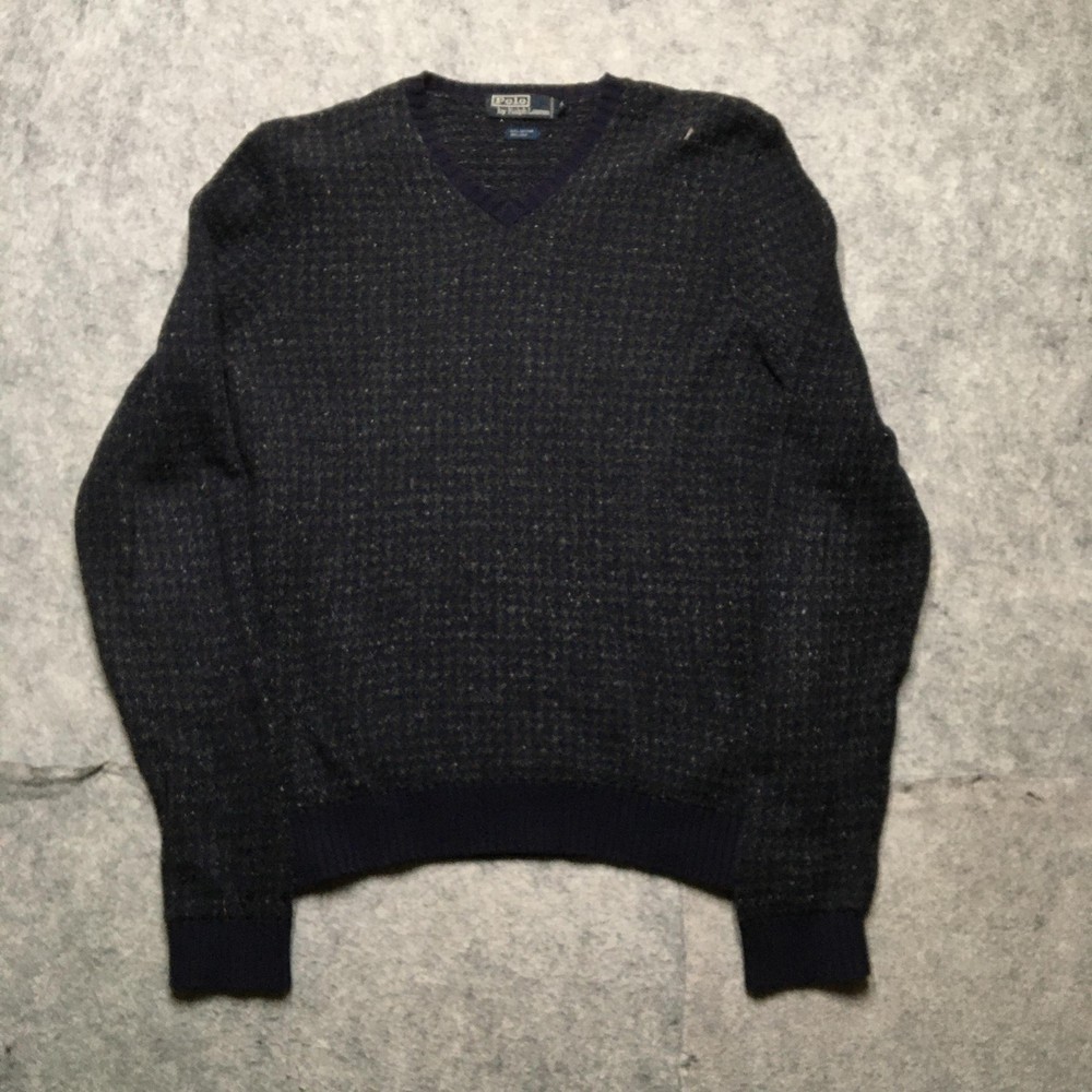 Polo Ralph Lauren Sweater Mens Medium Blue Gray V Neck Cotton Silk Knit Pullover