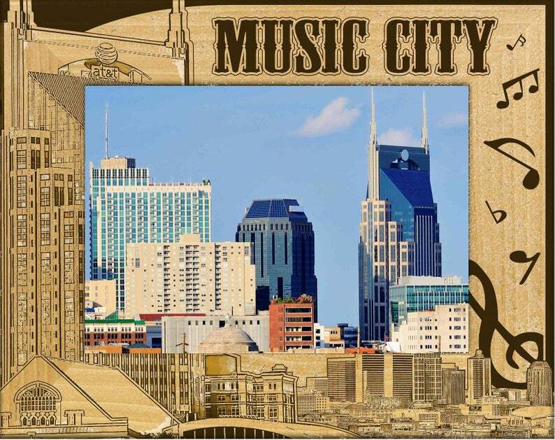 Music City Nashville Tennessee Laser Engraved Wood Picture Frame Landscape 4 x 6