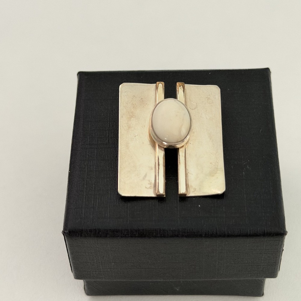 Vintage 925 Sterling Silver White Stone Cabochon Modernist  H Pendant