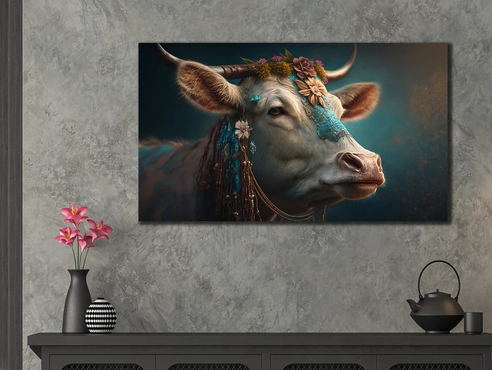 White Highland Cow Face Floral Paint Unframed Canvas Print Australian Wall Art