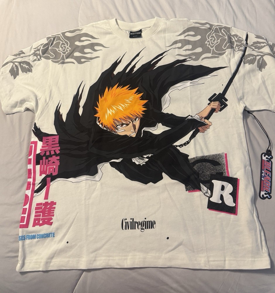Civil Regime x Bleach Ichigo Kurosaki Graphic T-Shirt White L Oversized Crew