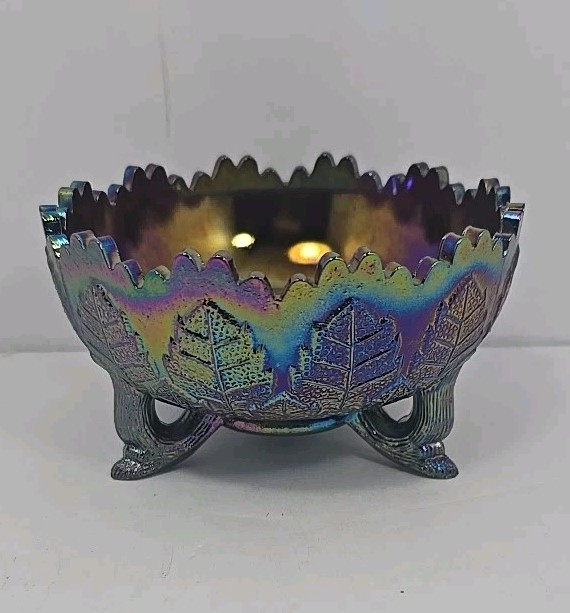 Fenton Iridescent 3 Footed Leaf Tier Marigold Amethyst Carnival Glass Bowl