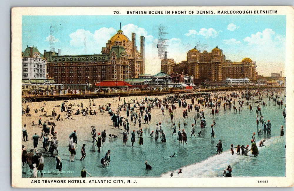C1910 Atlantic City Beach Marlborough Blenheim Dennis Traymore Hotel NJ Postcard