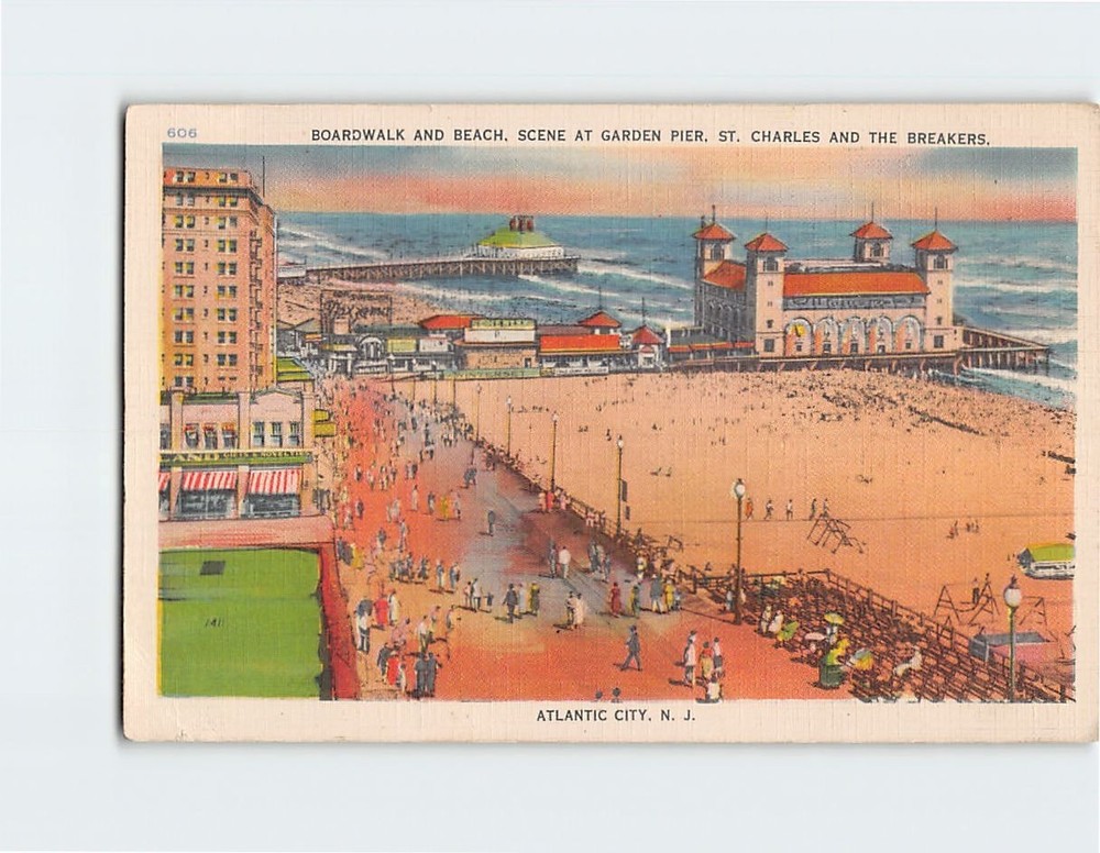 Postcard Boardwalk & Beach Scene at Garden Pier Atlantic City NJ USA