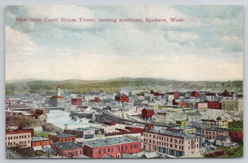 Spokane WA Court House Tower View Cityscape Spokane River Divided Back Postcard