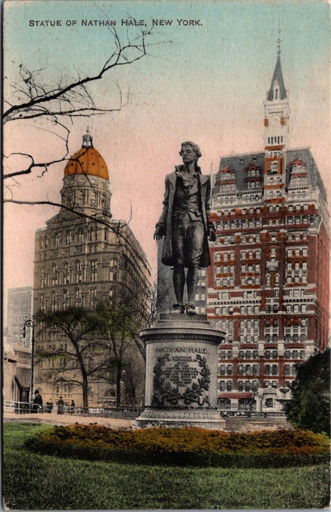 Nathan Hale Statue New York City Hall Park 1918 Postcard