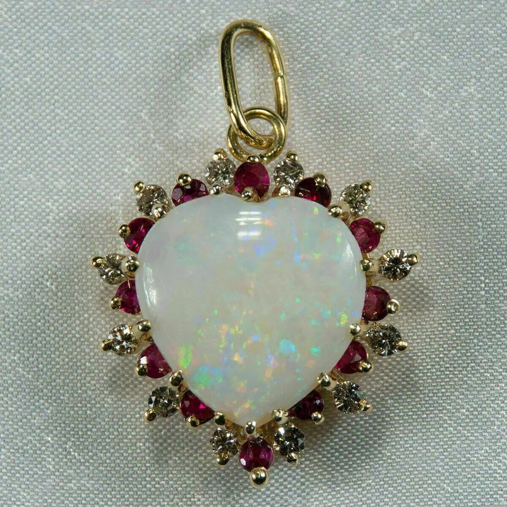 3CT Heart-Shaped Fire Opal Ruby Diamond Pendant in 14K Yellow Gold