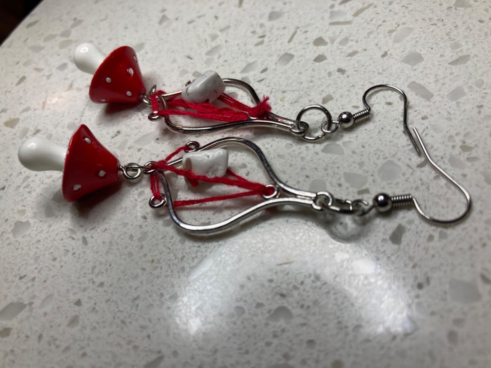 Silver plated red mushroom threaded howlite earrings