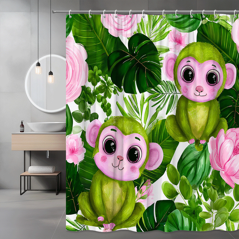 Monkey Floral Shower Curtain Pink Green Jungle Print