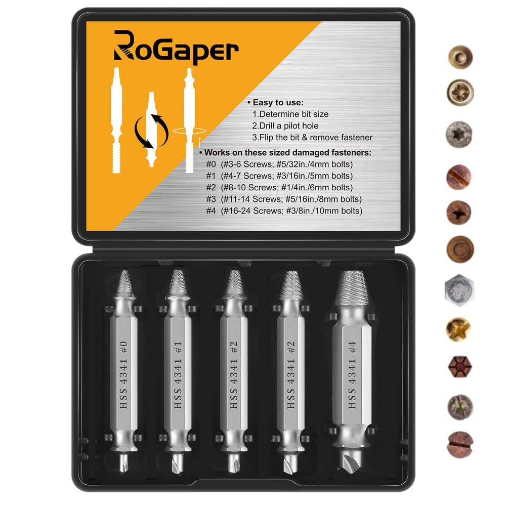 ROGAPER Damaged Screw Extractor Set Remover for Stripped Screws Nuts & Bolts ...