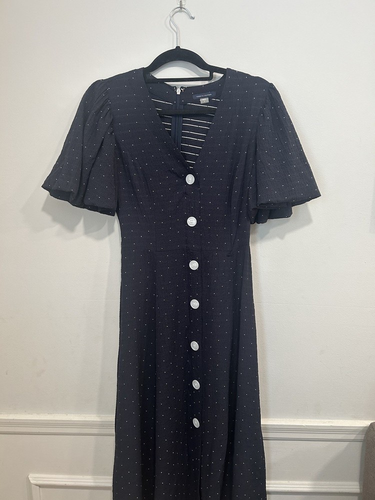 Tommy Hilfiger Women’s Navy Polka Dot Puff Sleeve Nautical Belted Midi Dress 2