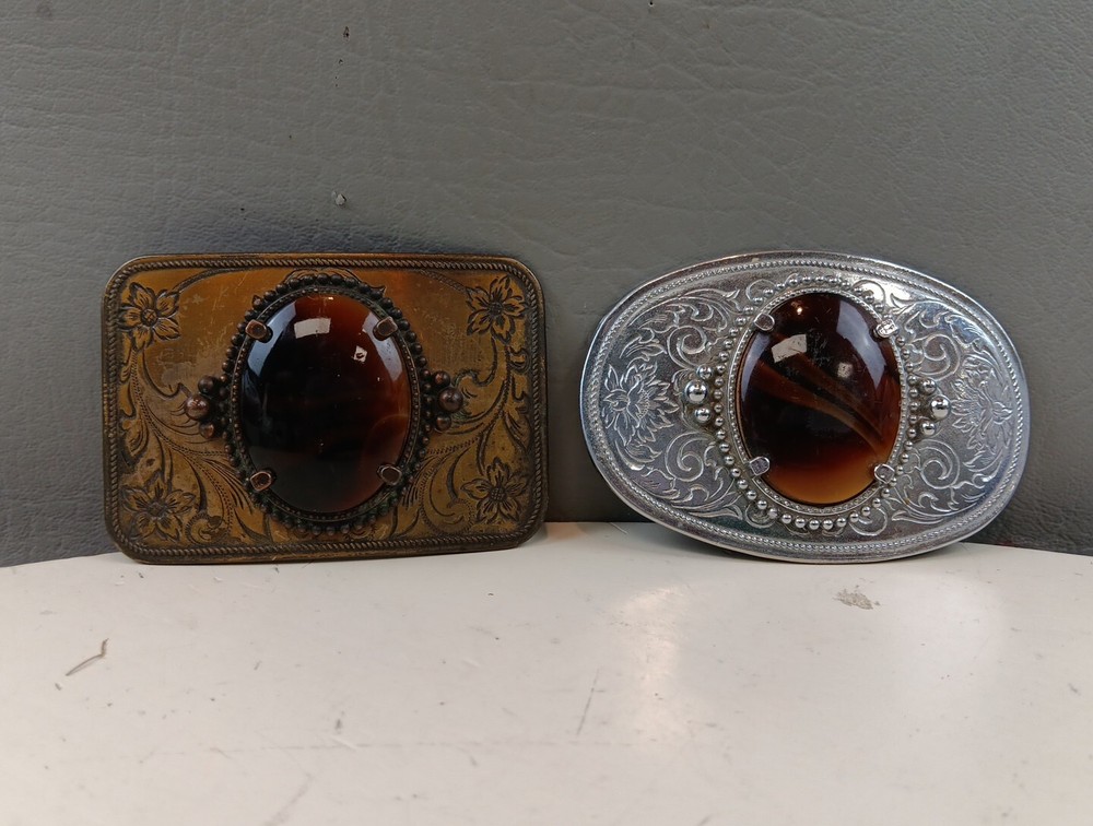 Lot Of 2 Vintage Tiger Eye Floral Metal Belt Buckle Brass Chrome GUC