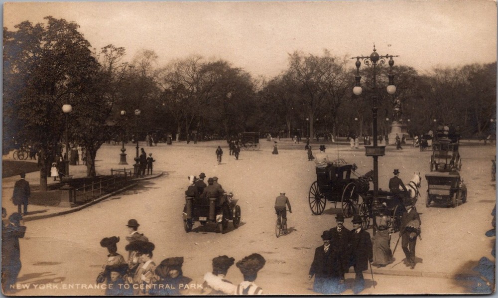 1904 Central Park Entrance NYC Rotograph Postcard Horse Carriages & Autos