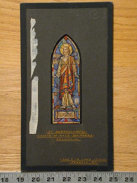 Design drawing for stained glass window with St. Bartholomew for Church of the