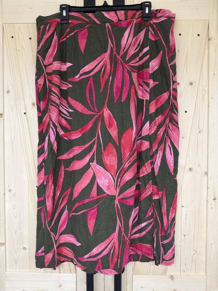 Time and Tru Women XXL 20 Pink Olive Green Tropical Palm Linen Blend Midi Skirt