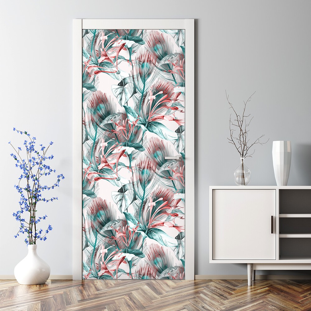 Mint Thicket Bubble Free | Tropical Floral Drawing | Seamless pattern Door Decal