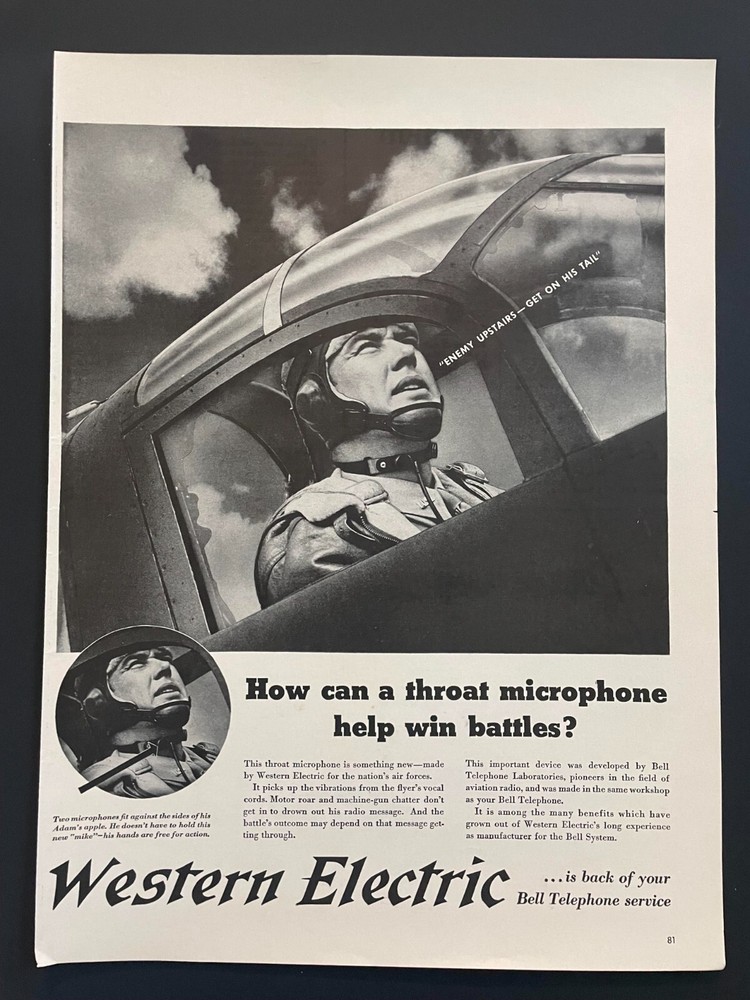 Western Electric Aviation Throat Microphone Vintage Print Ad