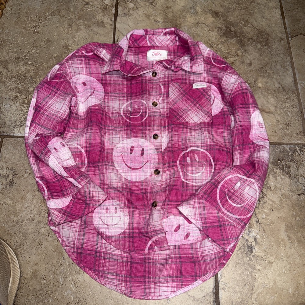 JUSTICE Girls Med (10)Smiley Face Plaid Flannel Button Up Shirt Long Sleeve Pink