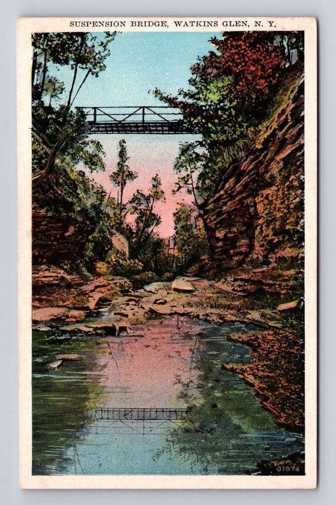Watkins Glen NY-New York, Suspension Bridge, Cliffs, Vintage Postcard