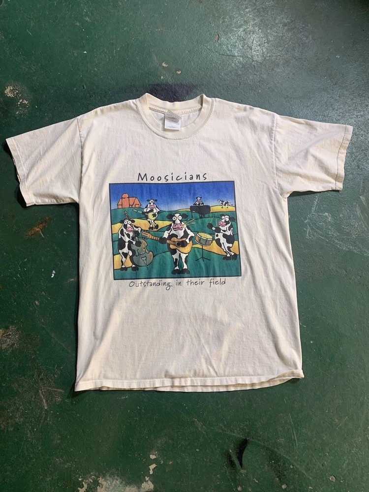 Vintage Gildan Heavyweight Moosicians Cow Graphic White Cotton T-Shirt L
