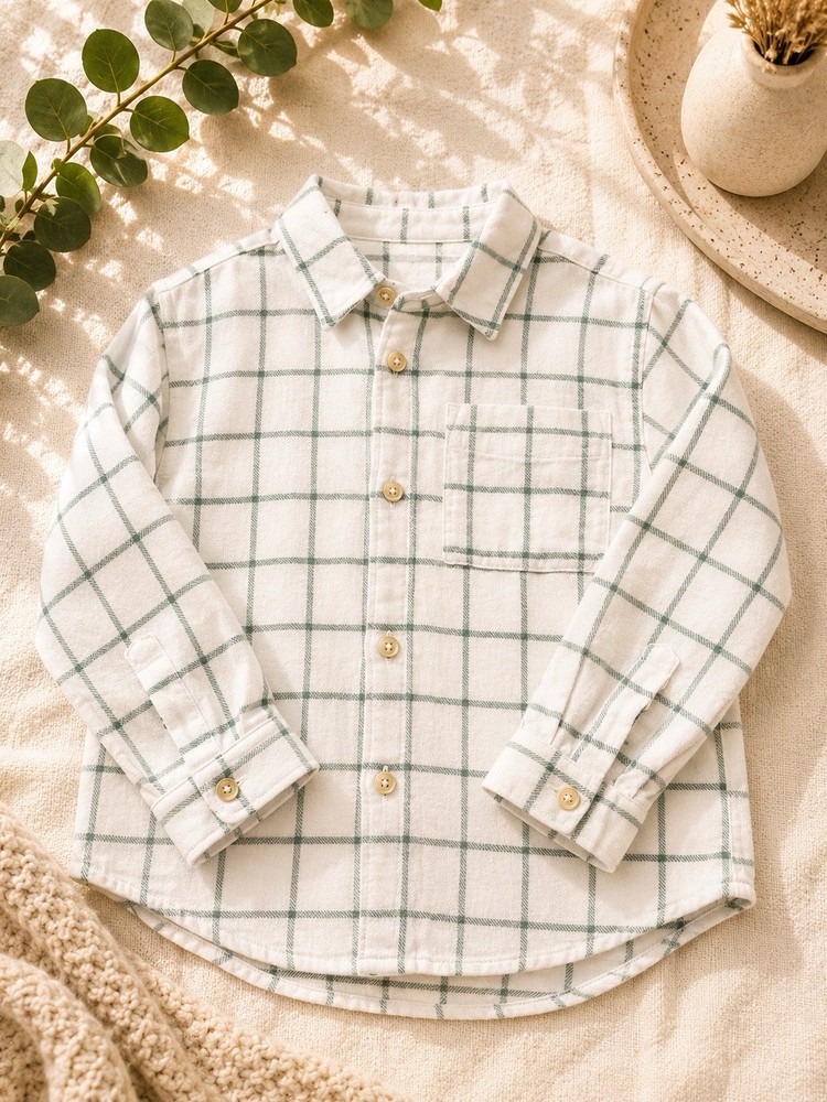 Zara White Green Plaid Cotton Collared Button-Up Shirt 18-24 Months Long Sleeve