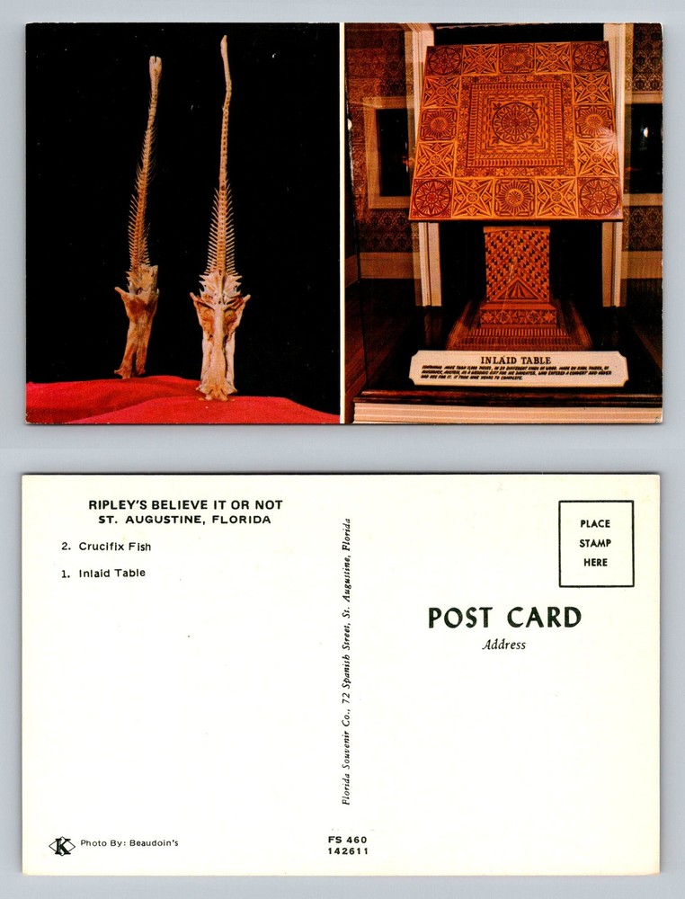 St Augustine, FL-Florida, Ripley’s Crucifix Fish Inlaid Table Vintage Postcard