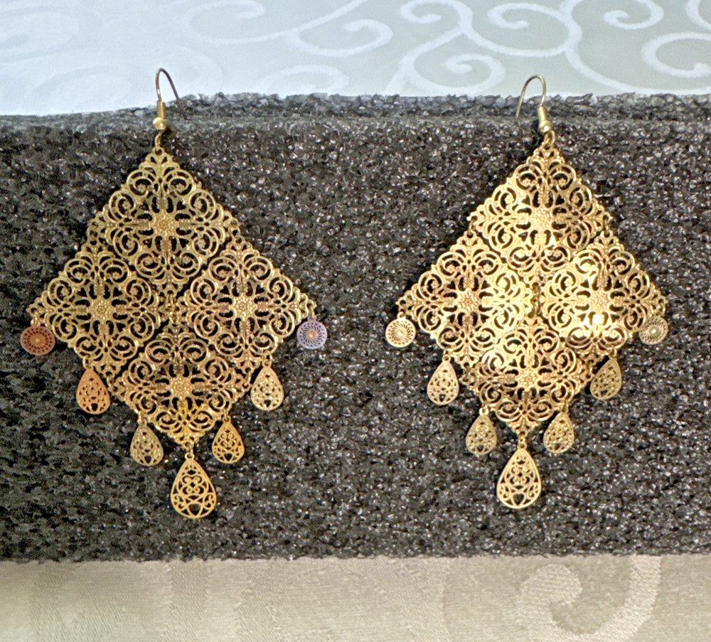 Vintage Gold Tone Moroccan Filigree Chandelier Earrings Boho Statement Dangle