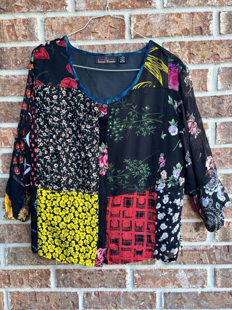 Sacred Threads Patchwork Floral Button-Front Top in Black Multi sheer blouse XL