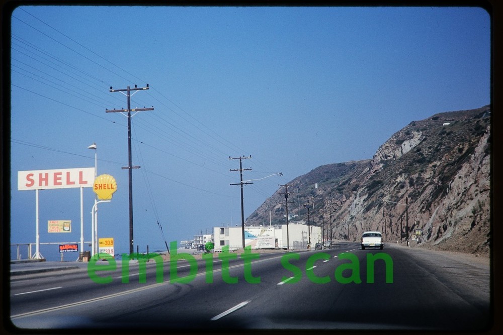 Original Slide, 1962 Pacific Coast Highway Scene, Shell Gas Station Malibu South