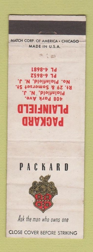 Matchbook Cover - Packard Cars North Plainfield NJ WEAR