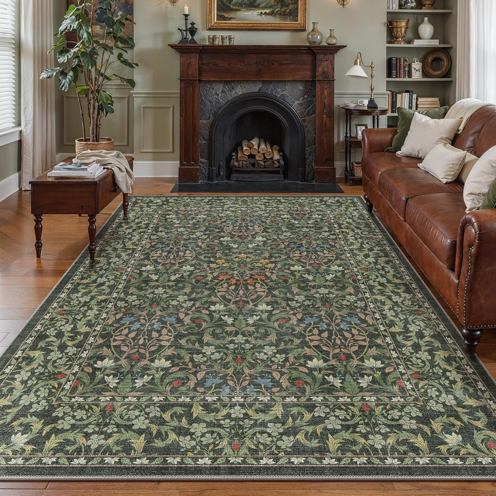 Large 8X10 Area Rug for Living Room, Boho Floral Vintage Non-Slip Carpet, Soft L