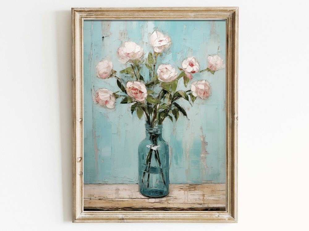 Rustic Floral Wall Art Pink Rose Print Vintage Botanical Art Flower Painting