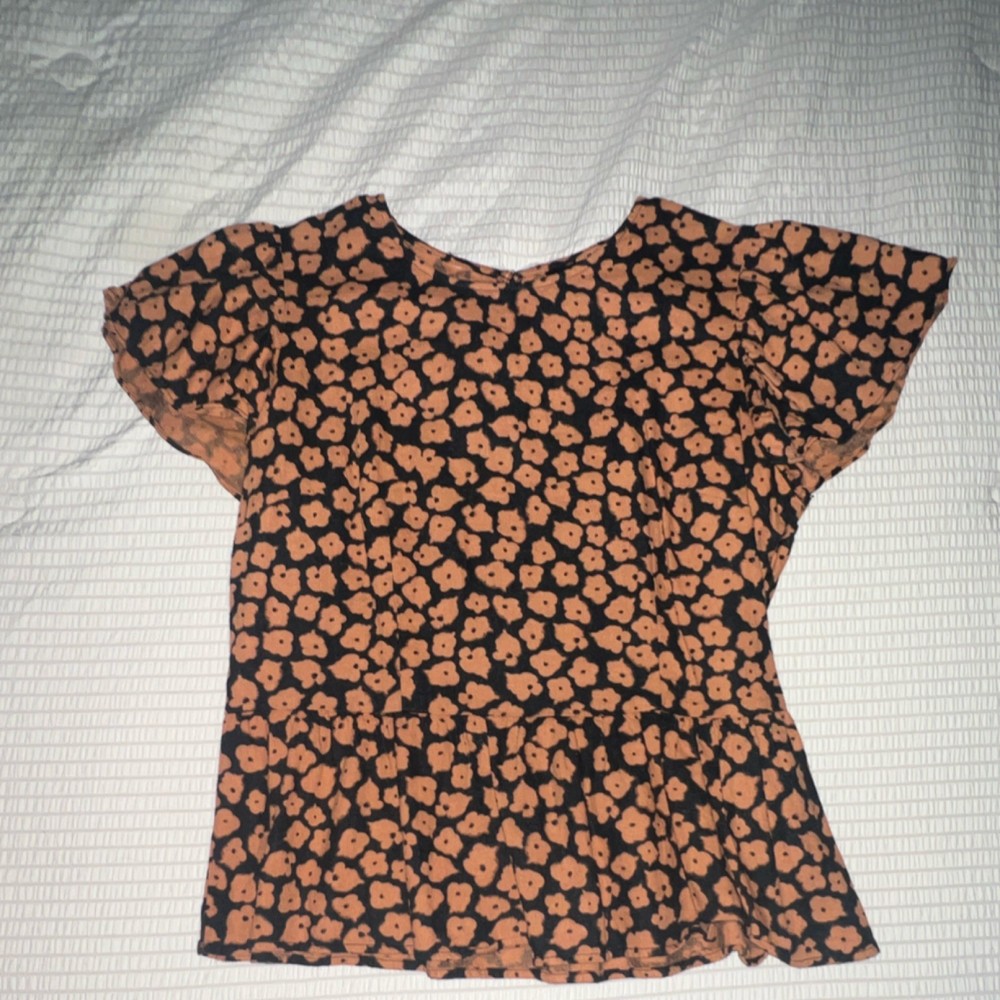 Women's Black Brown Floral Flutter Short Sleeve Round Neck Blouse Casual