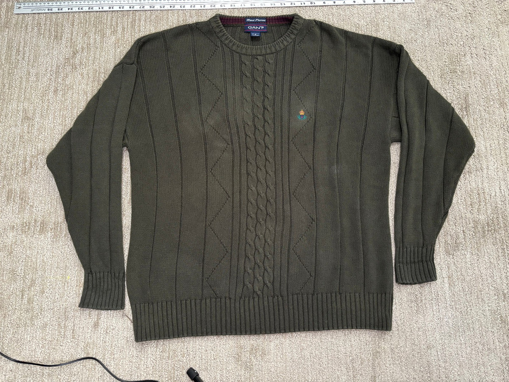 Vintage GANT Sweater Men XL Green Pullover Hand Framed Cable Knit Cotton 90s
