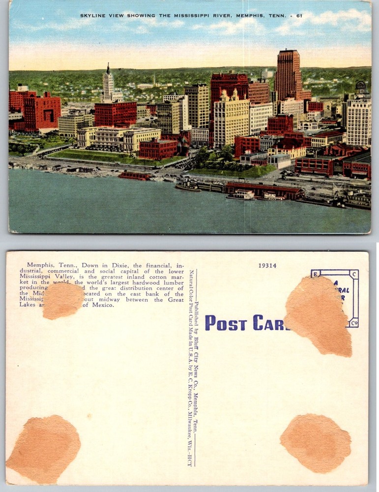 Vintage Memphis TN Skyline Mississippi River Linen Postcard E.C. Kropp